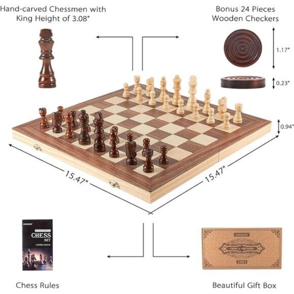 Wooden Chess & Checkers Set, Board Games -2 Extra Queens -24 Cherkers Pieces - Picture 13 of 16